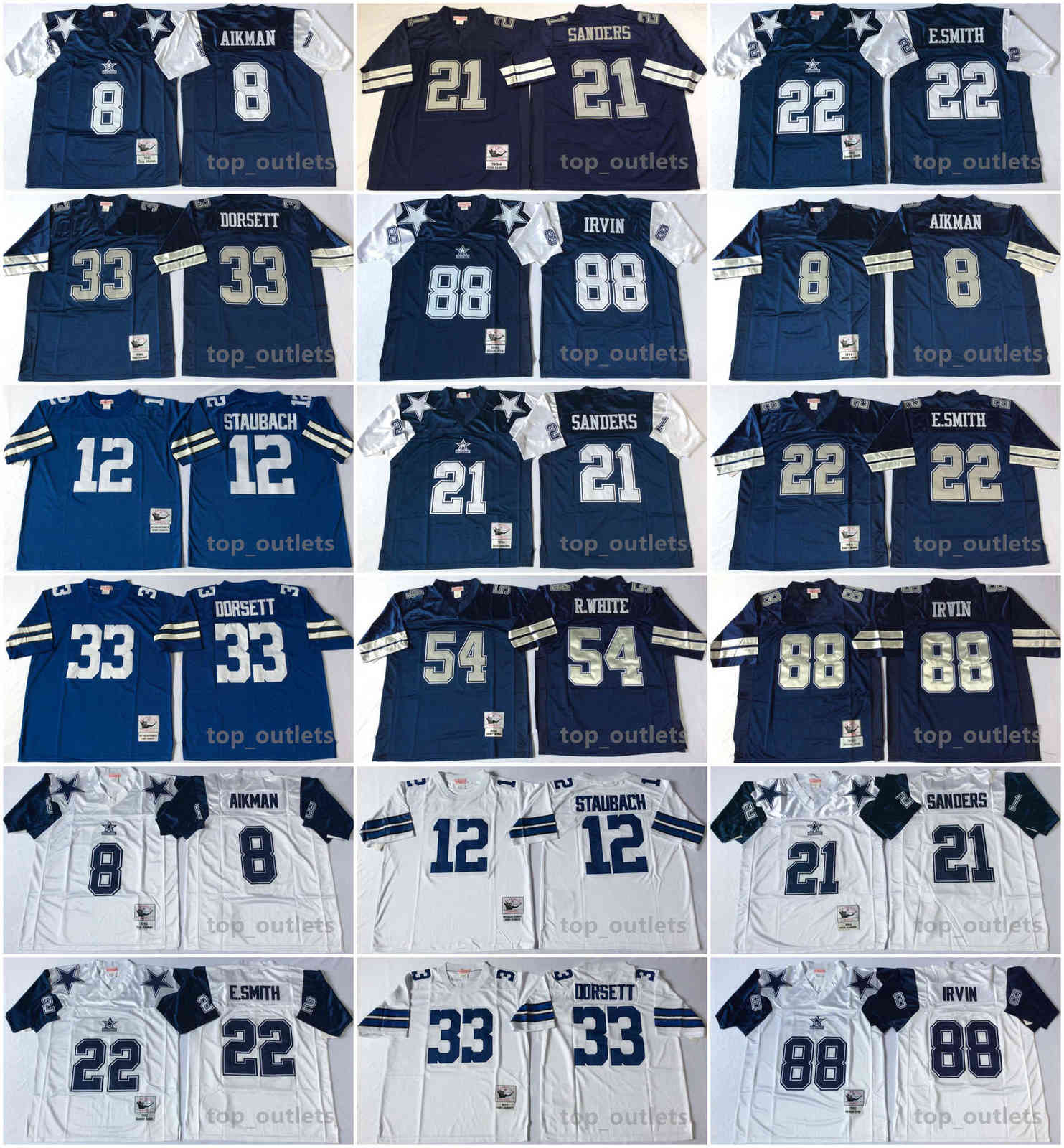 

Dallas Cowboys American Football Retro Jerseys 8 Aikman Jersey 21 Sanders 22 E.Smith 33 Dorsett 88 Irvin 12 Staubach 54 R.White Stitched, As photo