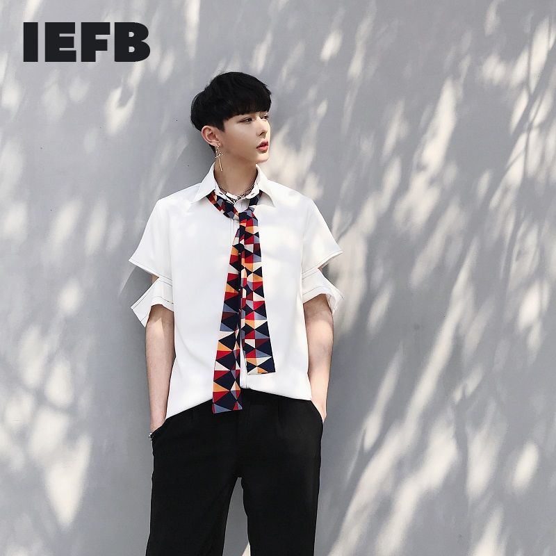 

IEFB Design Summer Men's Short Sleeve Shirts Silk Scarf Tie Color Contrast Black White Hollow Out Sleeve Shirts 9Y7056 210524