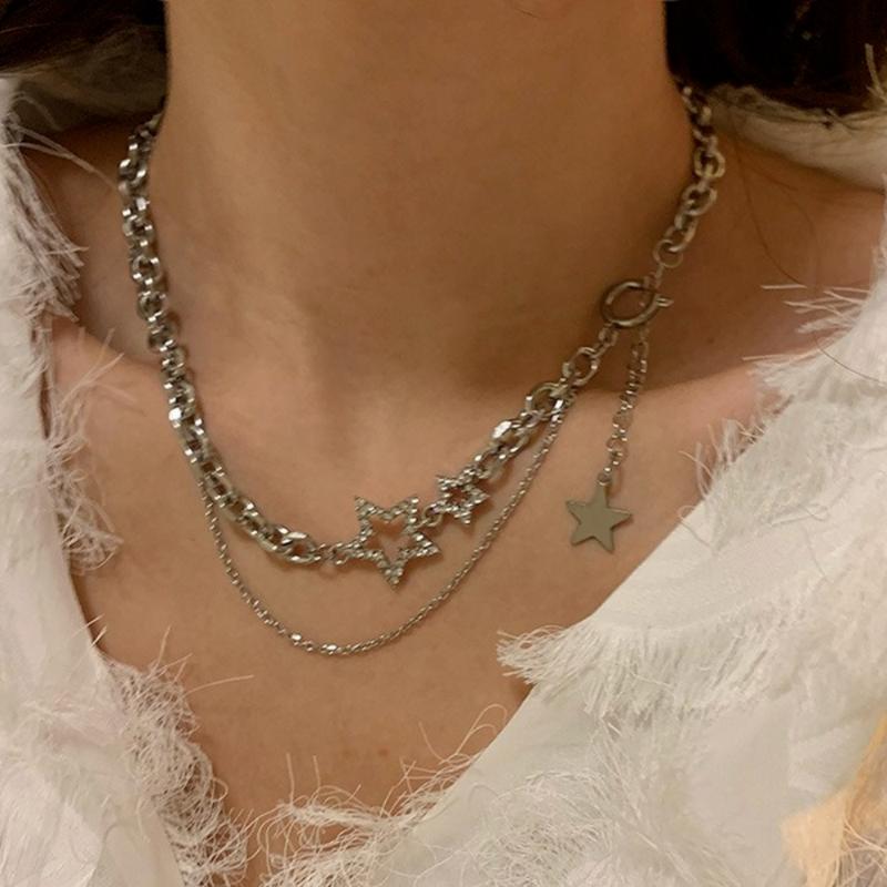 Pendant Necklaces 2021 European And American Ladies Holiday Alloy Star Double Layer Clavicle Chain Fashion Trend Hip Hop Rock Necklace-image-711549621