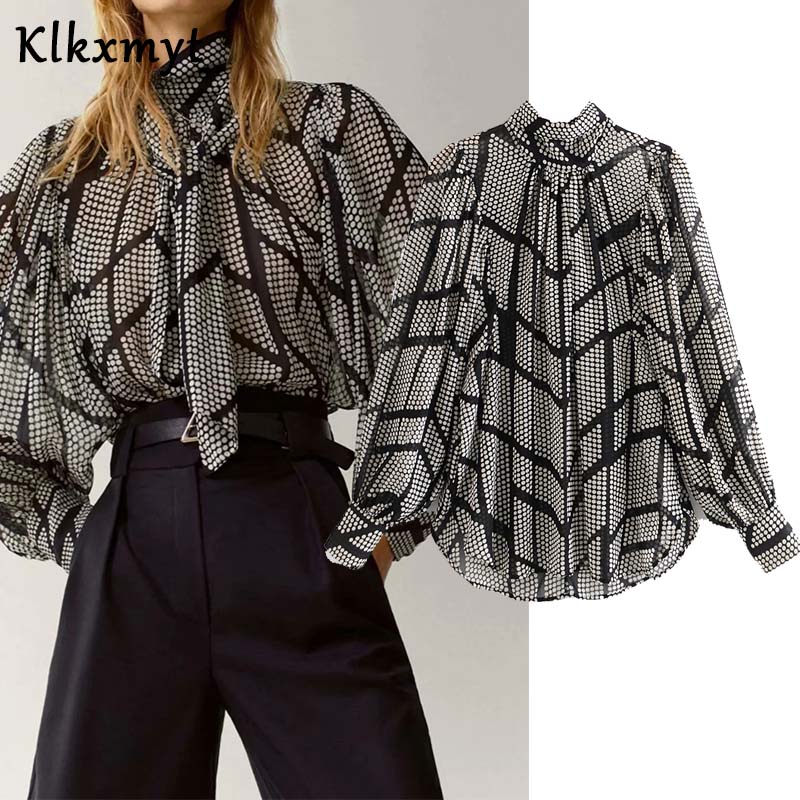 

Klkxmyt Za Blouse Women 2021 Fashion Dot Check Print Loose Casual Blouses Vintage Long Sleeve Female Shirts Blusas Chic Tops, Multi