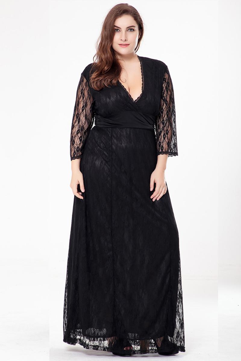 

Plus Size Dresses Long Elegant For Women Sexy Black Hollow Lace V-Neck A-Line Slim Prom Wedding Evening Dress Clothing, Black dress