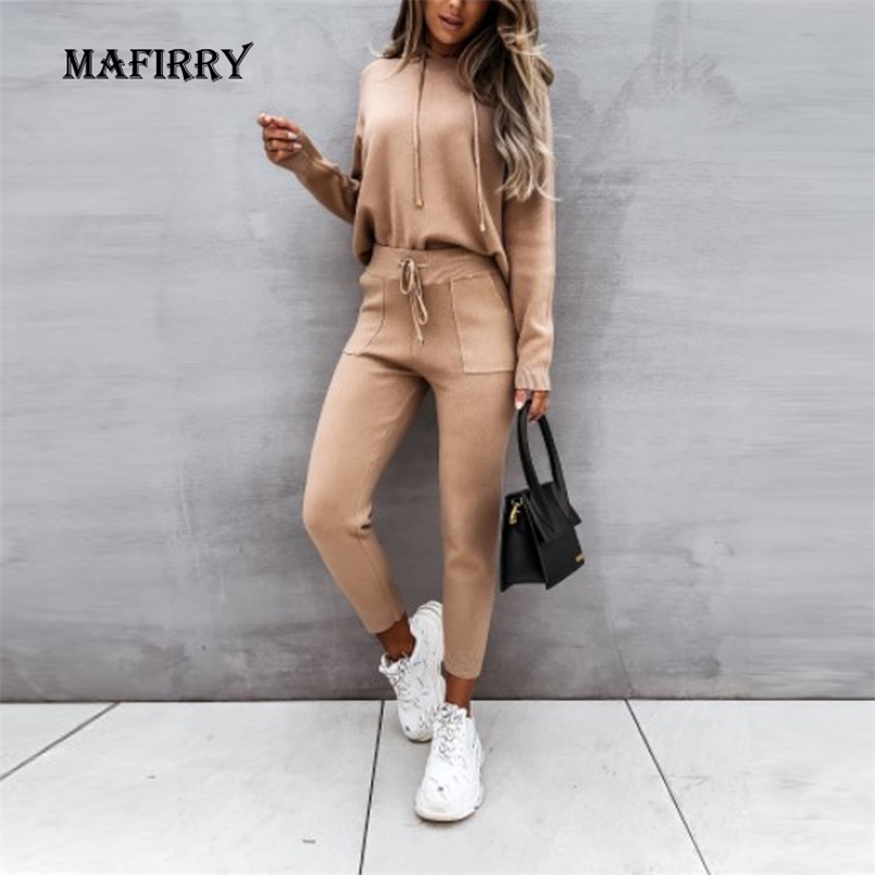 

Women Hooded Full Sleeve Trouser 2PCS Suits Spring Autumn Solid Pencil Pants Skinny Ladies Set Elastic Waist Streetwear 211109, 05 khaki