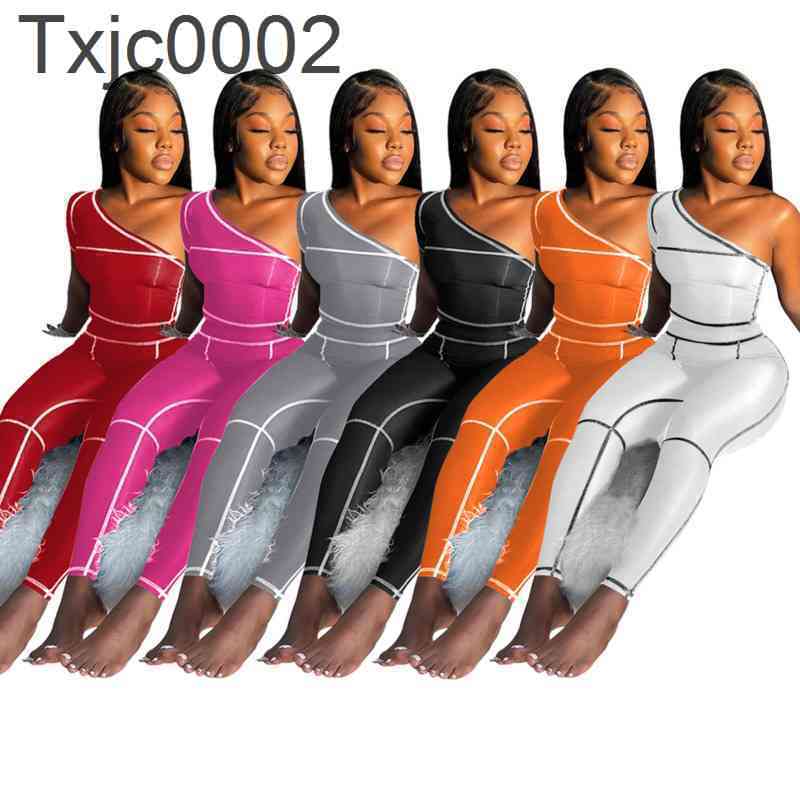 

Women Two Pieces Pants Designer Tracksuits Slim Sexy Slant Shoulder Pants Sportswear Solid Color Elastic Line Stitching Sport Suits, Gray