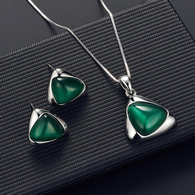 

Earrings & Necklace Women Faux Triangular Pendant Ear Stud Jewelry Set Fashion, As pic