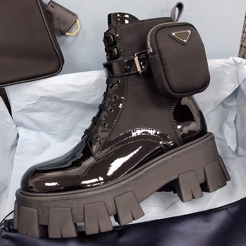 

High Quality Winter Womens Boots Calfskin Martin Shoe Frenulum Detachable Nylon Pouch Combat Shoes Ladies Outdoor 5cm Antiskid teeth Thick Bottom Ankle Boot, Black patent leather