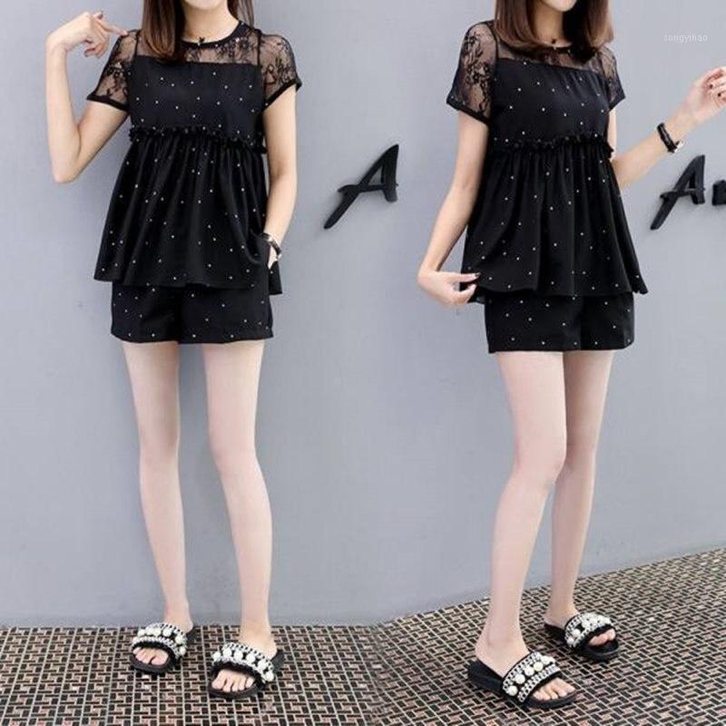 

Women's Tracksuits Two Piece Set Korean Style Holiday Casual Suit Retro Chic Hollow Lace T-shirt Dot Print Elastic Waist Short Pants Lady, Black
