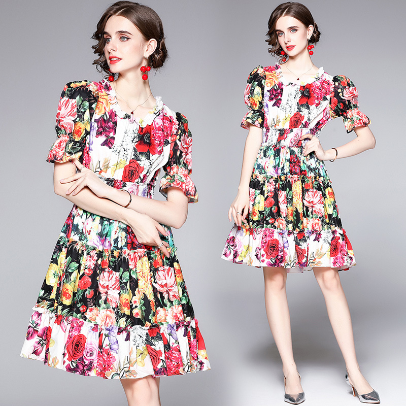 

Dropshipping Wholesale Summer Runway Floral Print Crew Neck Short Puff Sleeve Empire Waist Women Ladies Casual Party Stylish A-Line Dress, Multi
