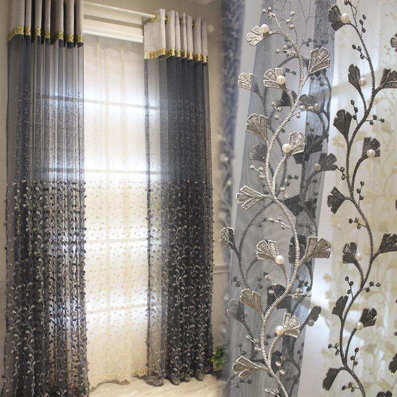 

Curtain & Drapes Curtains For Living Room Dining Bedroom Modern Embossed Floating Embroidered Beaded Gauze Finished Yarn Gray Balcony Window