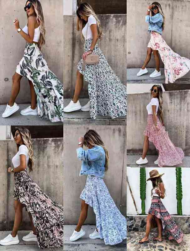 

spring and summer printed temperament flower flowing irregular skirt, Black