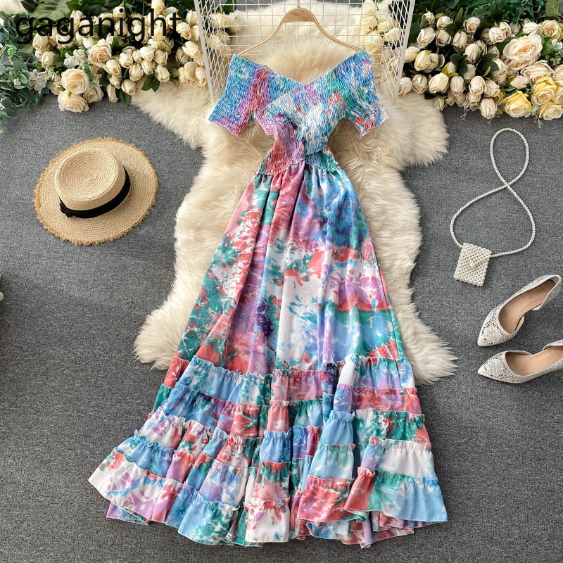 

Gaganight Summer Beach Maxi Dress Women V Neck Short Sleeve Bohemian Slim Long Dress Ruched High Waist Tie Dye Print Vestidos 210519, Blue