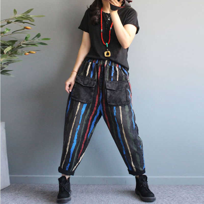 

Arrival Spring Women Elastic Waist Loose Denim Harem Pants Big Pocket Stripe Vintage Jeans Plus Size Jean Pants S590 210608, Black
