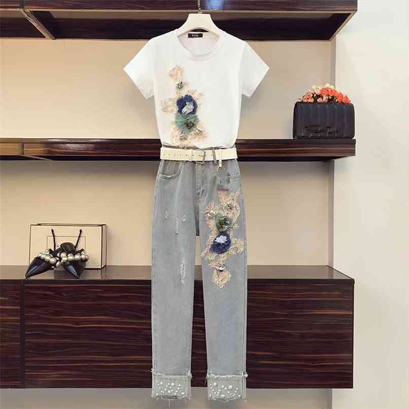 

Plus Size 2Piece set Women HIgh Quality Embroidery 3D Flower Appliques Tshirt + Jeans Suits Casual Denim Pants Outfits 210602, Only tshirt