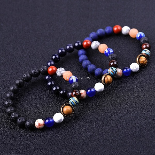 

Universe Solar System Sun Satellite Natural Stone Beads strand Bracelet Lava Rock Tiger Eye Turquoise Bracelets for Women Men Fashion Jewelry, Black