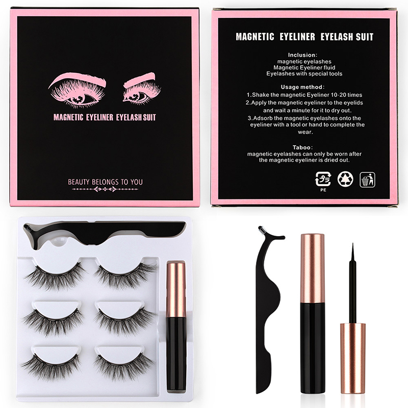 

3 Pairs Magnetic Eyeliner Eyelash Suit with Tweezer Natural Fake Eyelashes Set Free Glue Magnet Black Box Makeup Wholesale Eye Lashes