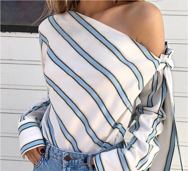 

2021 women' one-shoulder long-sleeved shirt off-the-shoulder oblique collar long-sleeved striped T-shirt with wide loose blouse jacket, White