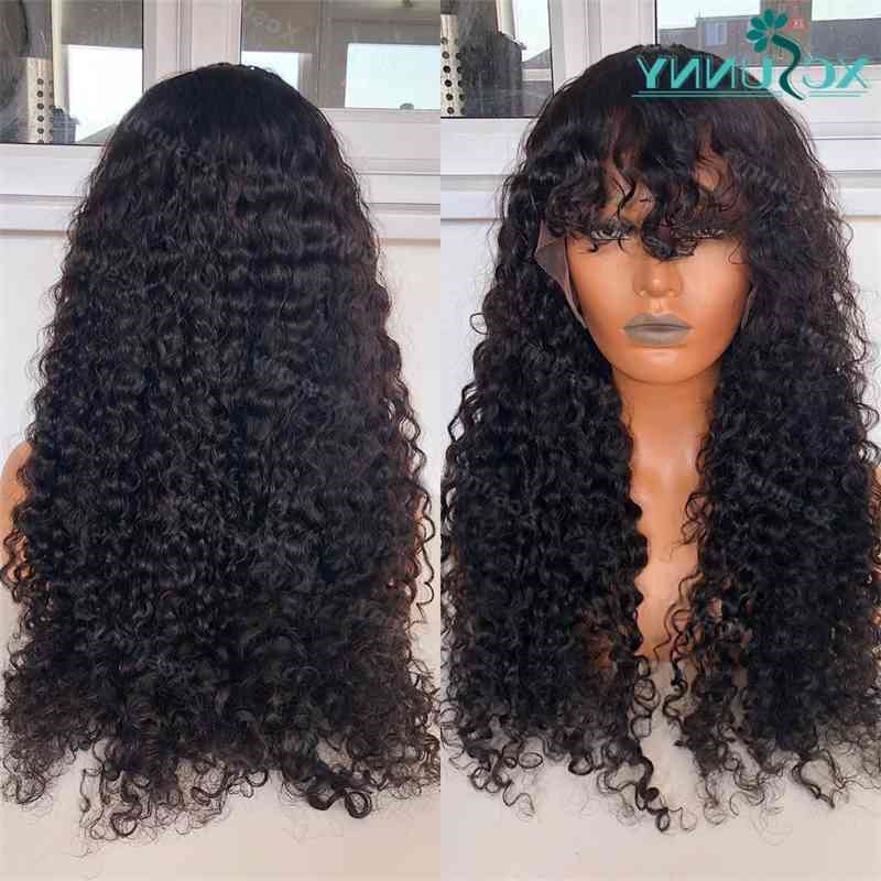 

O Curly Wig Bang Scalp Top Full Machine Made Human Hair Wigs With Bangs Brazilian Remy Deep Wave For Women 24" Xcsunny, Natural color