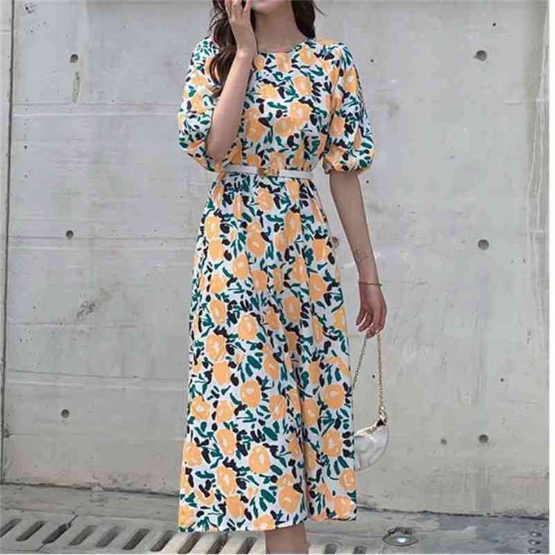 

Elegant Flowers O Neck Puff Short Sleeve Party Dress Vestidos Vintage Women High Waist Casual Belt Fashion Femme 210519, Photo color