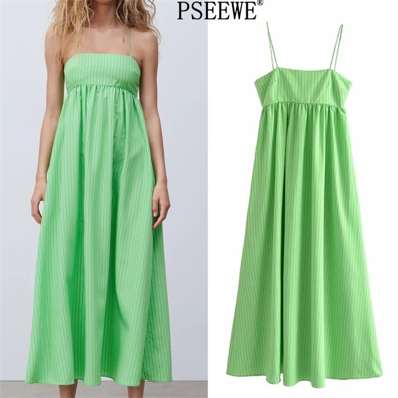

Dress Women Green Striped Slip Midi Woman Summer Spaghetti Strap Sexy Backless Strappy Beach Long es 210519
