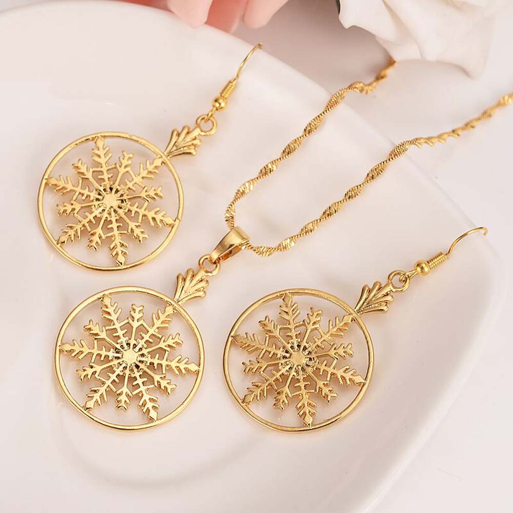 9 k Yellow Solid G/F Gold Snowflake Leverback Earrings Pendants Necklaces Fashion Lever Back Drop Dangle Holiday-image-676006656