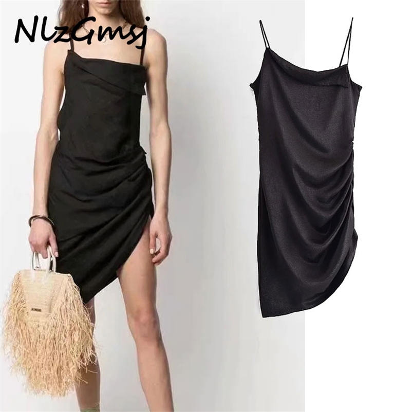 

Satin Asymmetry Drawstring Party Club Night Cami Dress Summer Elegant Chic Ladies Spaghetti Strap 05 210628, As picture