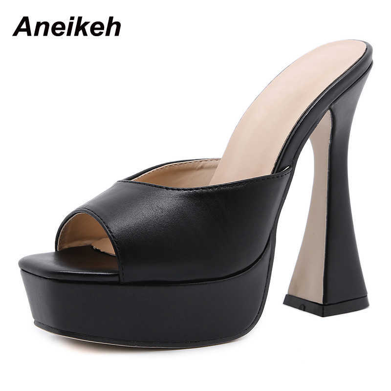 

Aneikeh Summer Fashion Women's Shoes PU Platform Peep Toe Spike Heels Modern Slippers Sexy Solid Zapatos Mujer Elegant Shallow 210615, Black