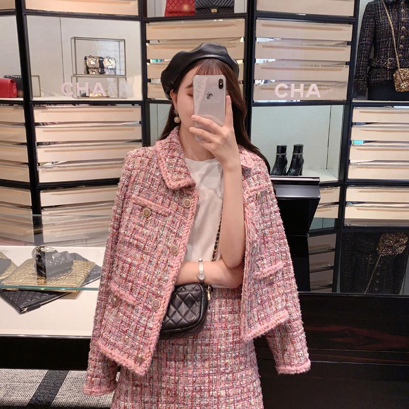 

Women's Jackets 2021 Autumn Pink Tweed Female Coat For Women Suits Skirt Elegant Socialite ChanNel Style Suit Two-piece Set Chandal Mujer, Champagne suit