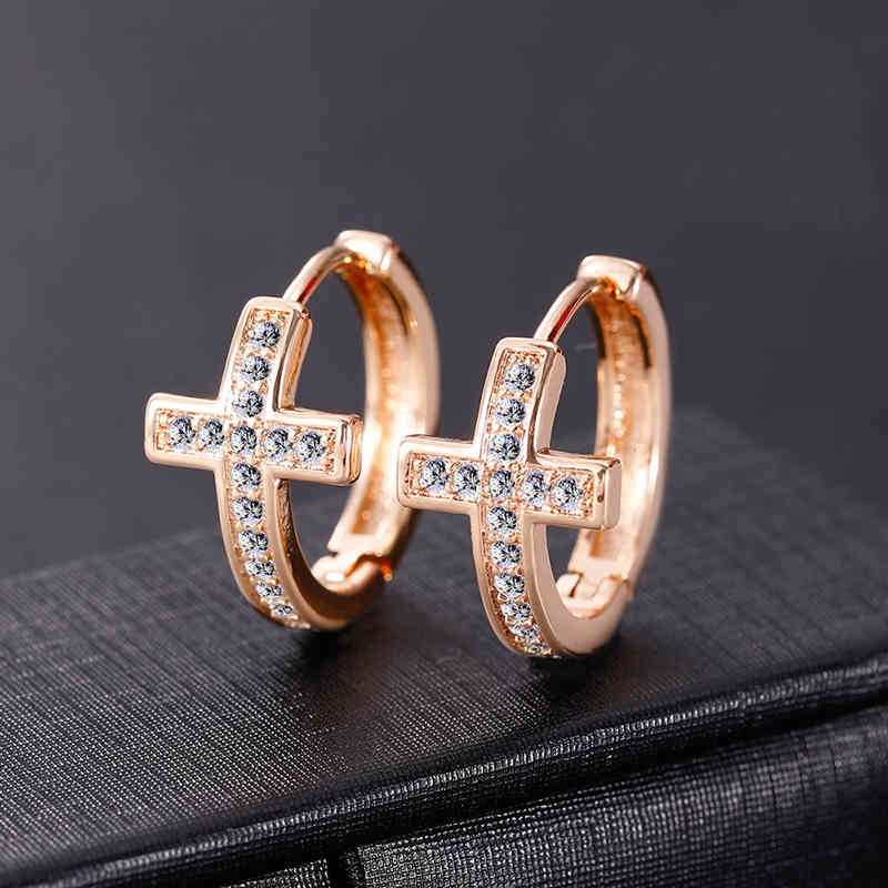 

yutong New Mini Zirconia Pave Cross Hoop Earrings Gold Silver Plated Row Rhinestone Huggie For Women Fashion Jewelry Gifts, Golden;silver