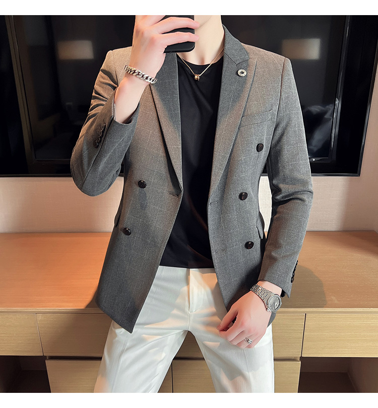 

Spring Double Breasted Plaid Suits Coats For Men Clothing 2022 Business Formal Wear Slim Fit Blazer Jackets Wedding Dress