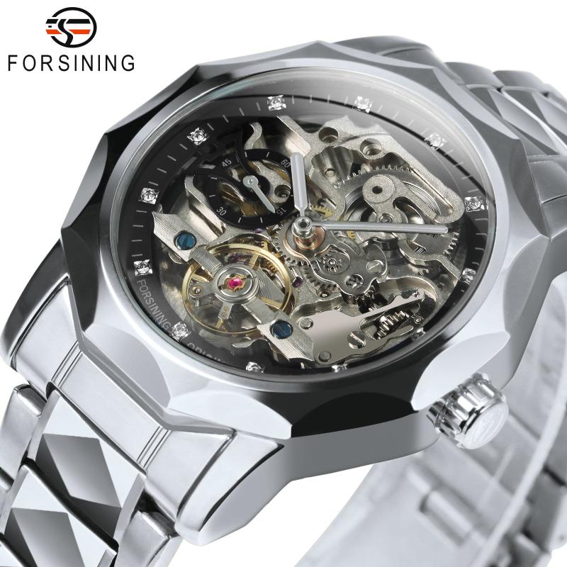 

Wristwatches Forsining Luxury Tourbillon Skeleton Mens Watch Carved Movement Crystal Dial Automatic Clock Stainless Steel Strap Waterproof, Silver-black