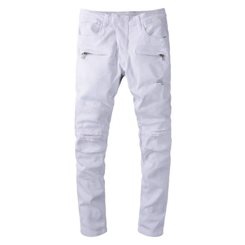 

Men's Jeans White Stretch Denim Biker For Motorcycle Streetwear Slim Fit Holes Ripped Pants Trousers High Quality