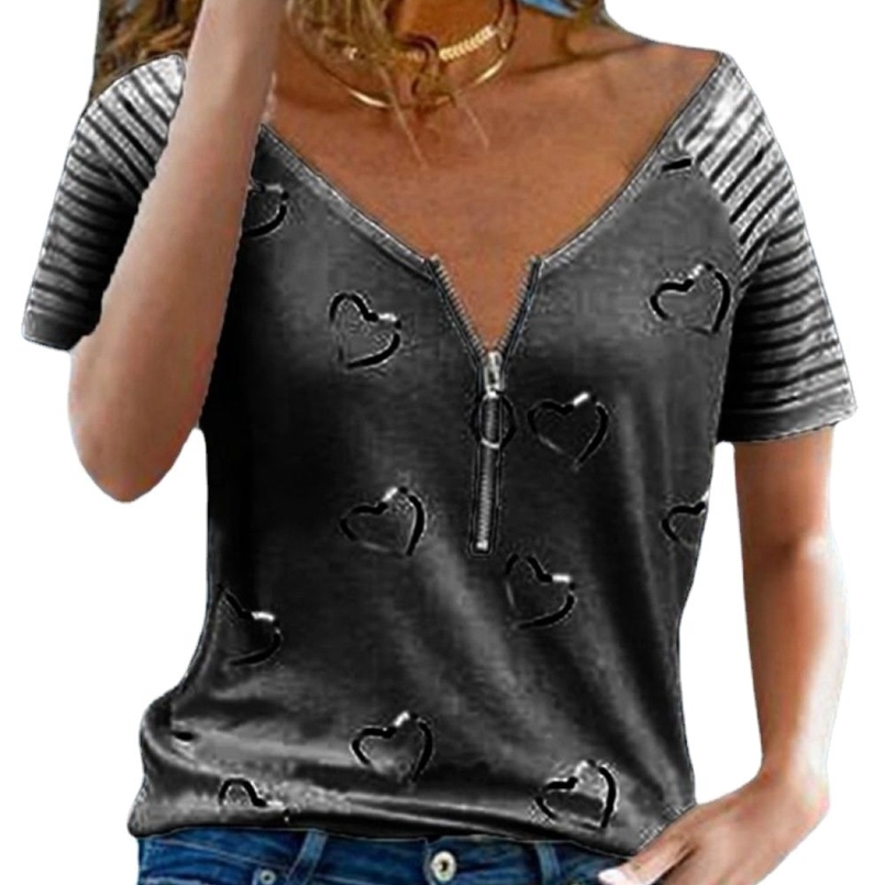 

Heart Print Women' Casual T Shirt V Neck Zipper Loose Short Sleeve Top Summer Fashion Sexy Plus Size Clothing De Mujer 210708, Pink