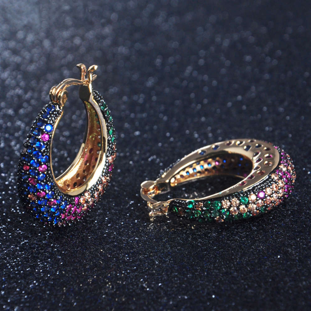 

OB Jewelry-Multi Color Brazilian Gold Ear Cuff Earrings Rainbow Stone Big Earrings