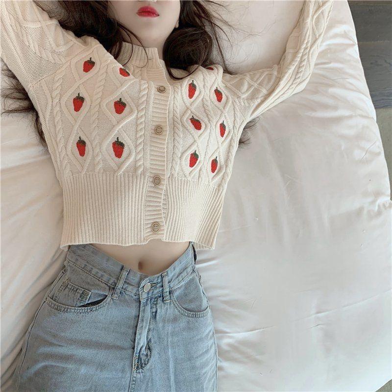 

Women's Knits & Tees Strawberry Cardigan For Women Crochet Floral Knitted Crop Top Sweaters Korean Fashion Girl White Black Embroidered Swea