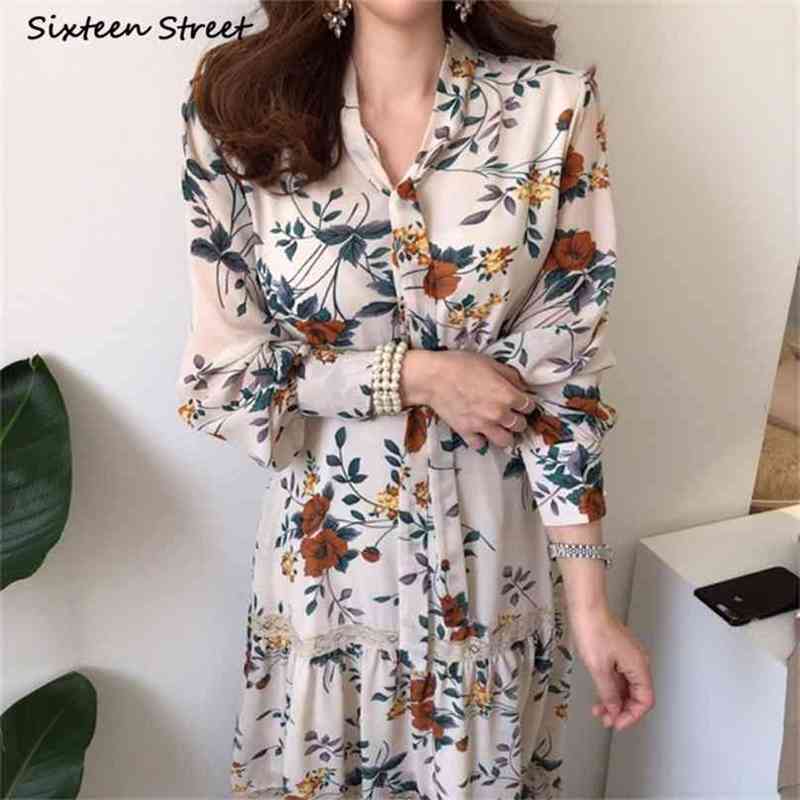 

Vintage Floral Dress Woman V-neck High Waisted Vestidos es Elegant Chic Korean Bandage Female Clothing Spring 210603, Clear