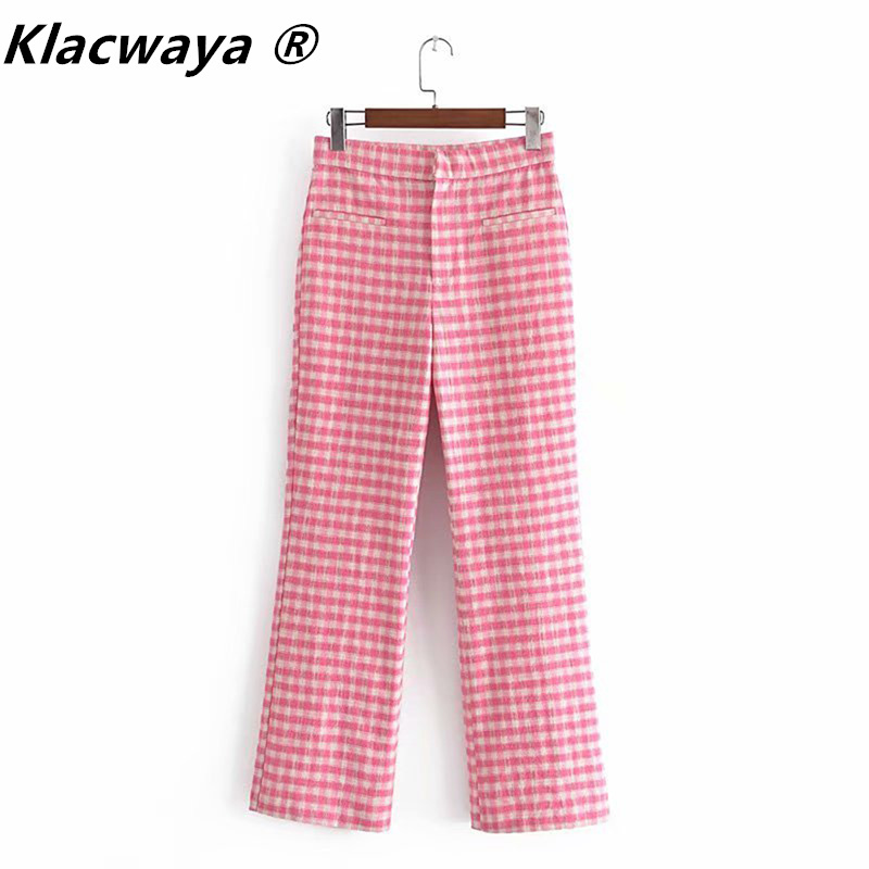 

Woman Summer Za Pink Plaid Pants Women Fashion High Waist Flared Female Trousers Suit 210521