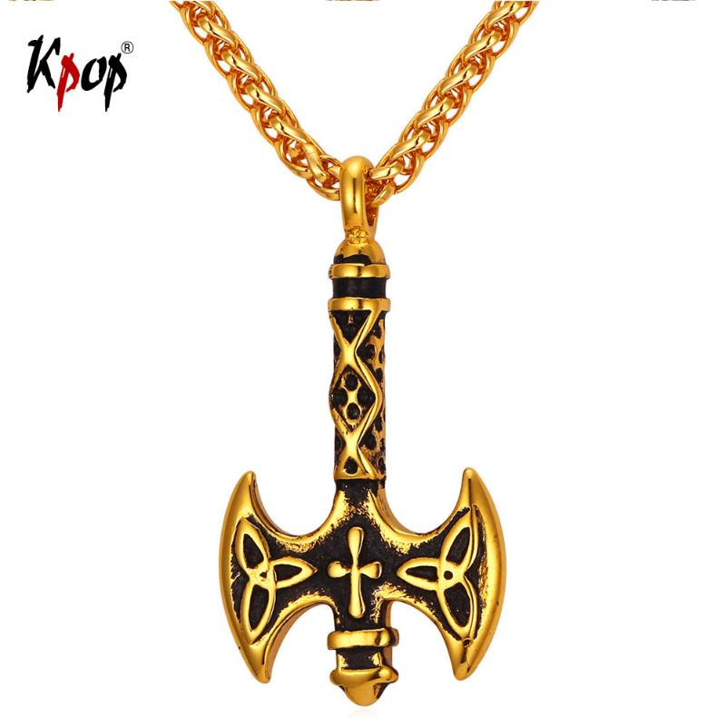 Pendant Necklaces Kpop Axe Necklace Viking Jewelry Stainless Steel Gold Color For Men P2146-image-704476833