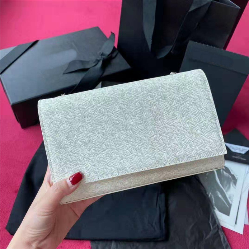 

Latest Designer Grain Genuine Calf Leather Shoulder Bags Third Letter Connected Silver Handware Cross Body Heavy Chains Strap Handbags Women Fashion Wallets Purse, White