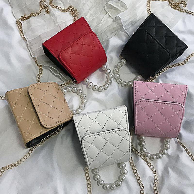 

Evening Bags Women's Small Square Bag Pearl Hand-Held Mini Cross-Body 2021 Chain Shoulder Fashion Diamond Solid Color Tote, Black