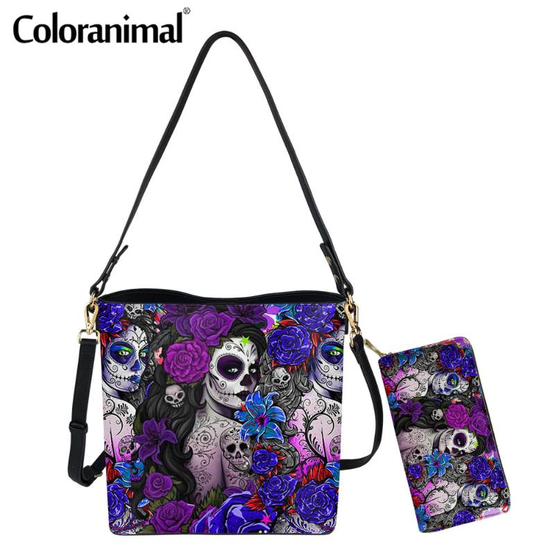 

Coloranimal 2Pcs/Set Shoulder Bag With Purse Brand Design Make-up Sugar Women Flower Print Ladies PU Bucket Sac A Main Bags