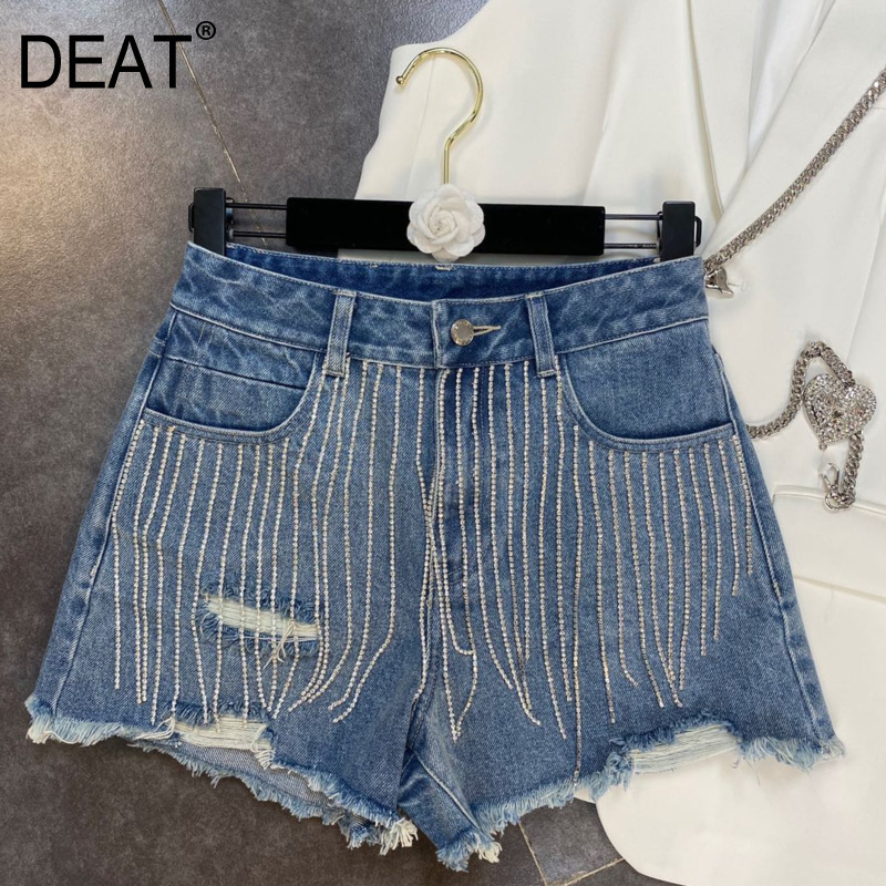 

Summer Arrivals Ripped Holes Tassel Blue Denim Shorts Women Streetwear HR445 210525