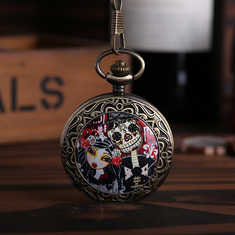 

Bronze Large Thick Straps Spiritual Love Vintage Pocket Watch Factory Wholesale Skull Groom Classical Pocket Watch, Slivery;golden