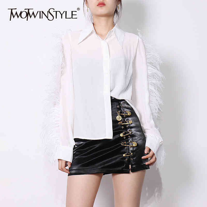 

White Feather Patchwork Blouse For Women Lapel Long Sleeve Casual Loose Shirt Female Fashion Clothing 210524, Black