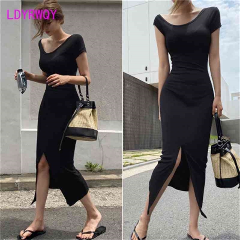 

LDYRWQY summer Korean edition fashion sexy temperament slim side slit short sleeve dress Office Lady 210603, Black