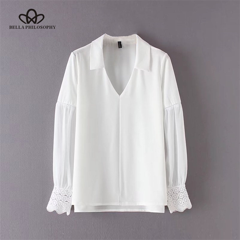 

Spring Women Solid Chiffon Blouse Long Sleeve Sweet Fashion Female V Neck Lace Ladies Tops 210519, White