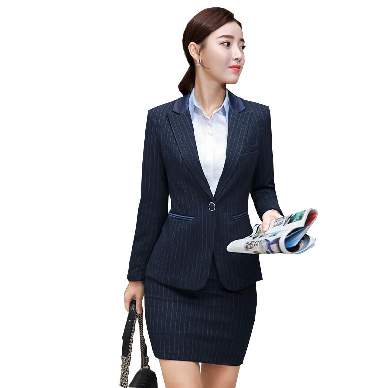 

Work Dresses Jacket 2pcs Suits Formal Interview Uniform Business Secretary Office Lady Autumn OL Blazer+ Pant Or Skirt Set, Blue blazer skirt
