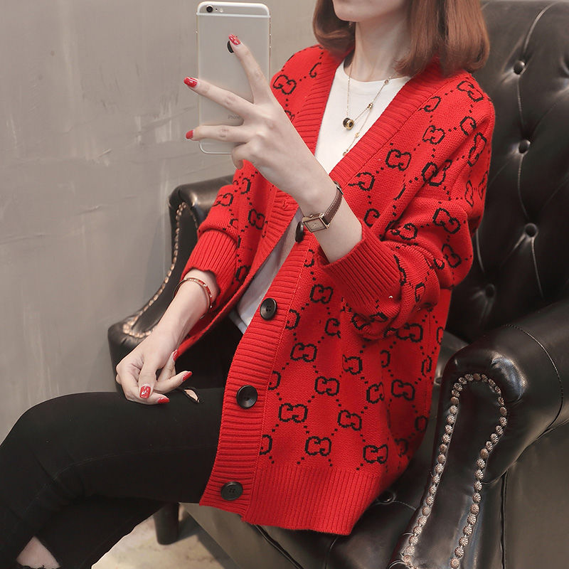 

Women Sweater Cardigans 2021 Casual V Neck Long Sleeve Oversized Loose Plaid Buttons Knitted Tops Winter Female Sweater Outwear, G red