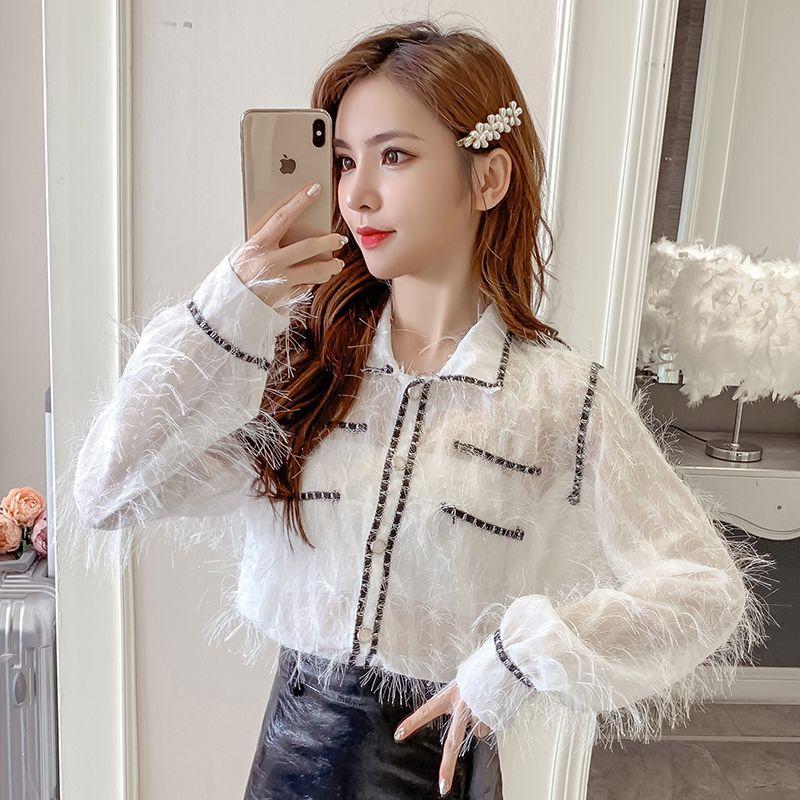 

Women's Blouses & Shirts 2021 Spring Elegant Women Tassels Female WorkwearTurn-down Collar Ladies See-through Long Sleeve Blusas B1, Black