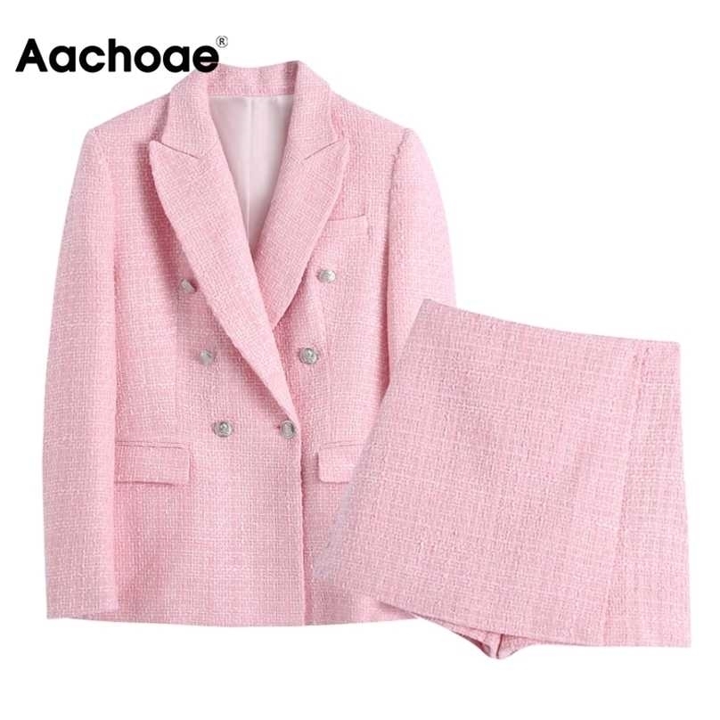 

Aachoae Chic Women Pink Tweed Suit Blazer Sets Double Breasted With High Waist Shorts Office Ladies Outfits Set 211104, Pink shorts
