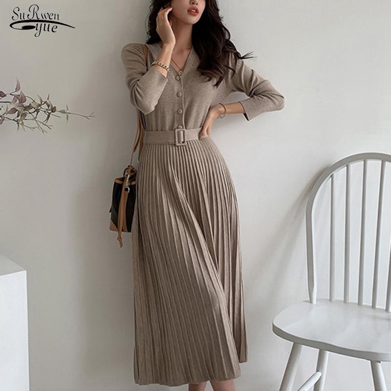 

Casual Dresses 2022 Spring V-neck Sweater Dress Autumn Winter Knitted Belted Female A-line Soft Single-breasted Women Thicken 18103, Black;gray
