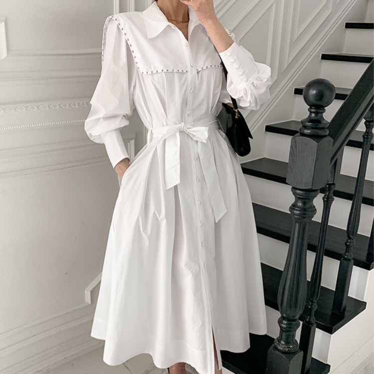 

Spring Elegant Rivet Shirts Dress Vestidos Women Clothing Vintage Single-breasted OL Work Lace Up Casual Dresses Female 210518, White